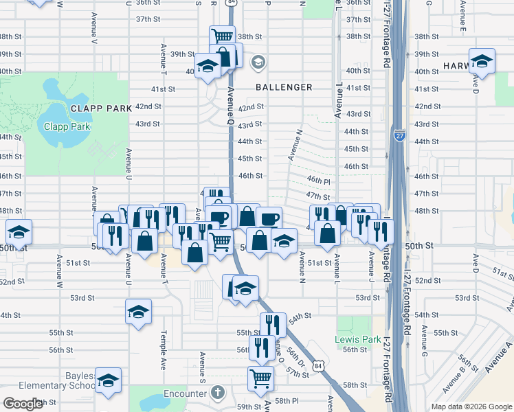 map of restaurants, bars, coffee shops, grocery stores, and more near 1601-1699 48th Street in Lubbock