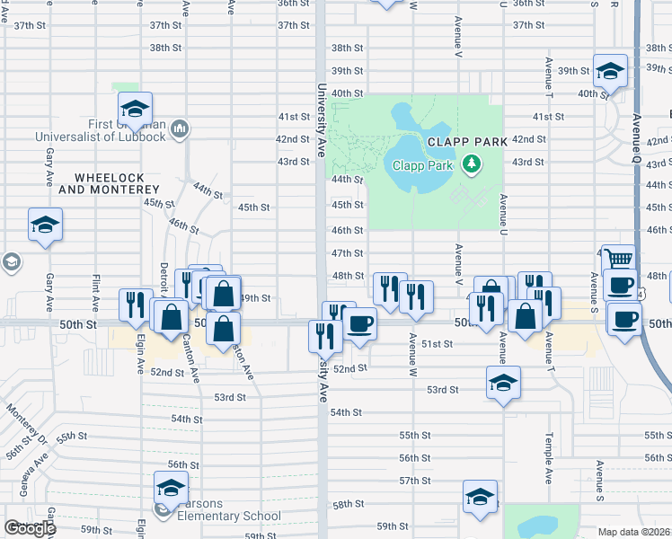 map of restaurants, bars, coffee shops, grocery stores, and more near 2412 50th Street in Lubbock