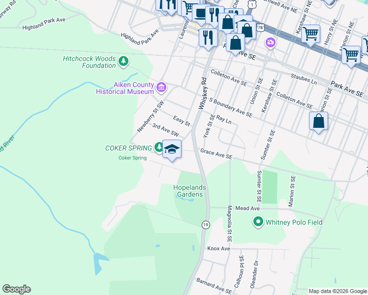 map of restaurants, bars, coffee shops, grocery stores, and more near 125 Grace Circle in Aiken