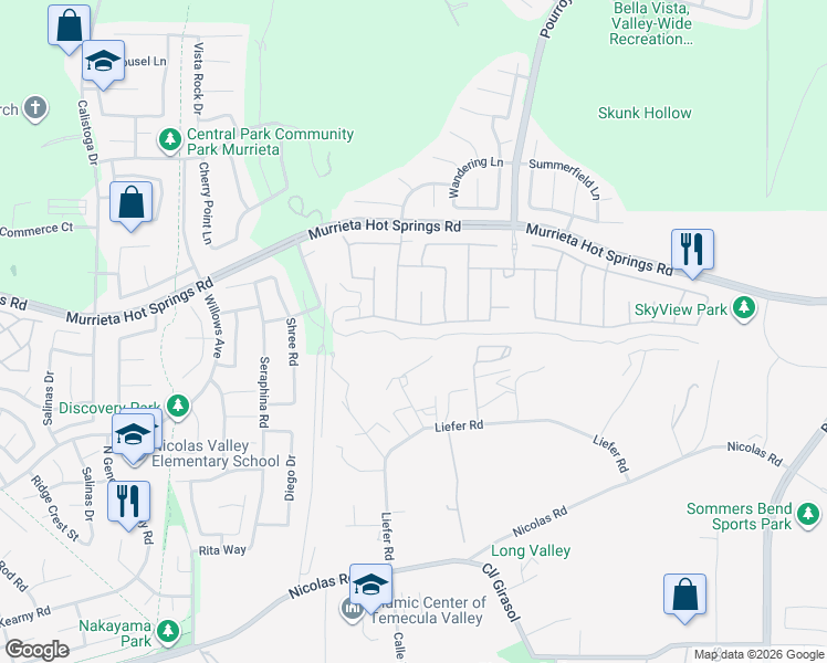 map of restaurants, bars, coffee shops, grocery stores, and more near 31193 Skyline Drive in Temecula