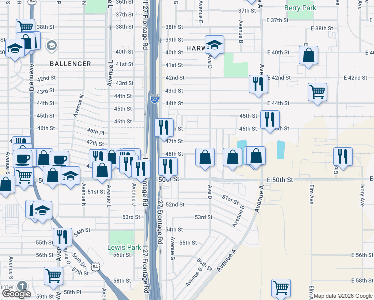 map of restaurants, bars, coffee shops, grocery stores, and more near 813 48th Street in Lubbock