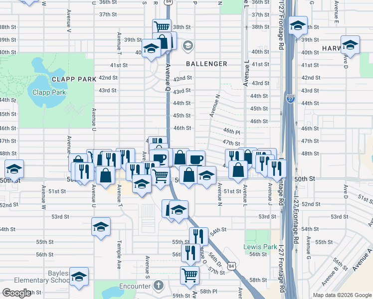 map of restaurants, bars, coffee shops, grocery stores, and more near 1601-1699 48th Street in Lubbock