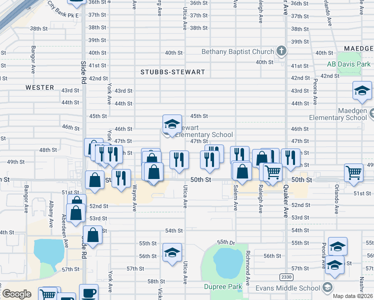 map of restaurants, bars, coffee shops, grocery stores, and more near 4733 48th Street in Lubbock