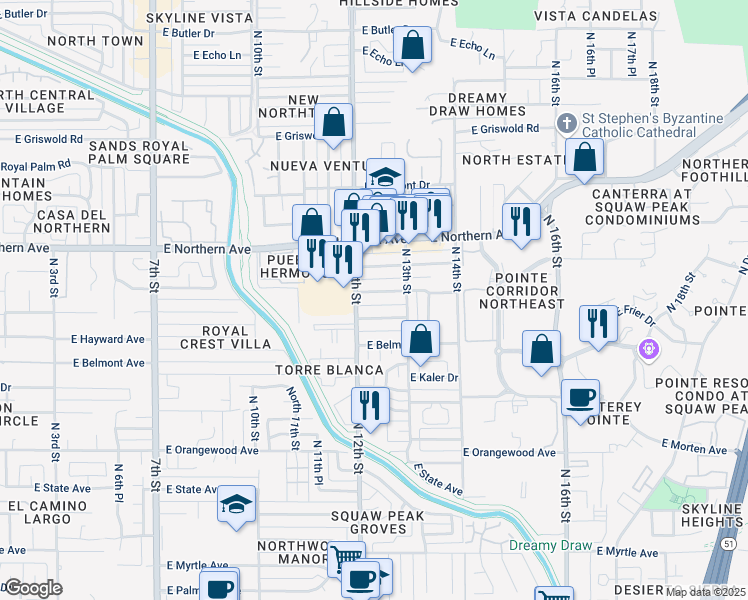 map of restaurants, bars, coffee shops, grocery stores, and more near 1214 East Hayward Avenue in Phoenix