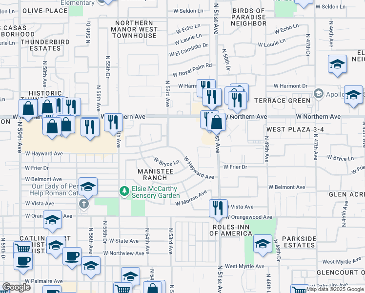 map of restaurants, bars, coffee shops, grocery stores, and more near 7959 North 53rd Avenue in Glendale