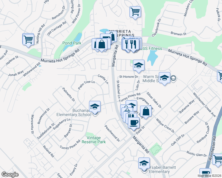 map of restaurants, bars, coffee shops, grocery stores, and more near 26405 Castle Lane in Murrieta