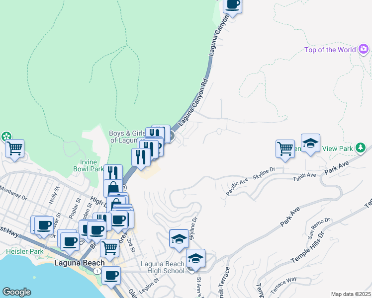 map of restaurants, bars, coffee shops, grocery stores, and more near 1400 Woodland Drive in Laguna Beach