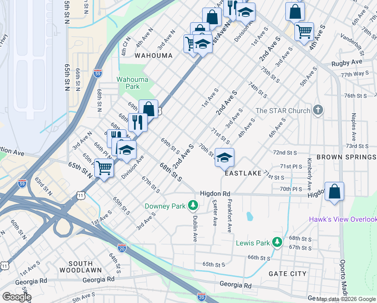 map of restaurants, bars, coffee shops, grocery stores, and more near 6815 2nd Avenue South in Birmingham