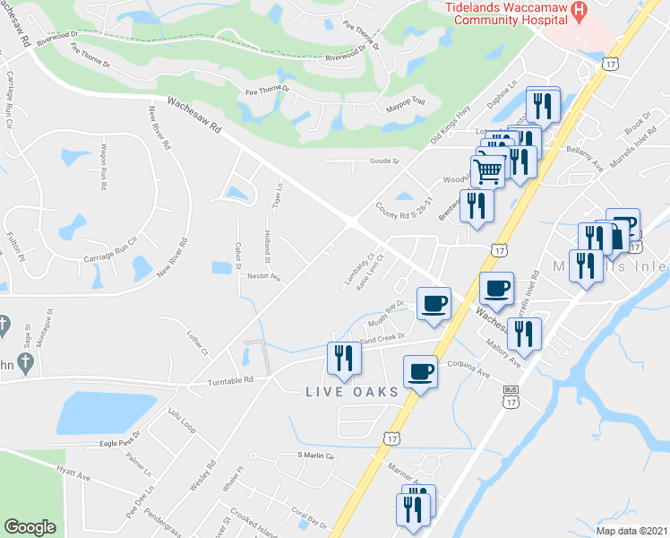 map of restaurants, bars, coffee shops, grocery stores, and more near 4519 Old Kings Highway in Murrells Inlet