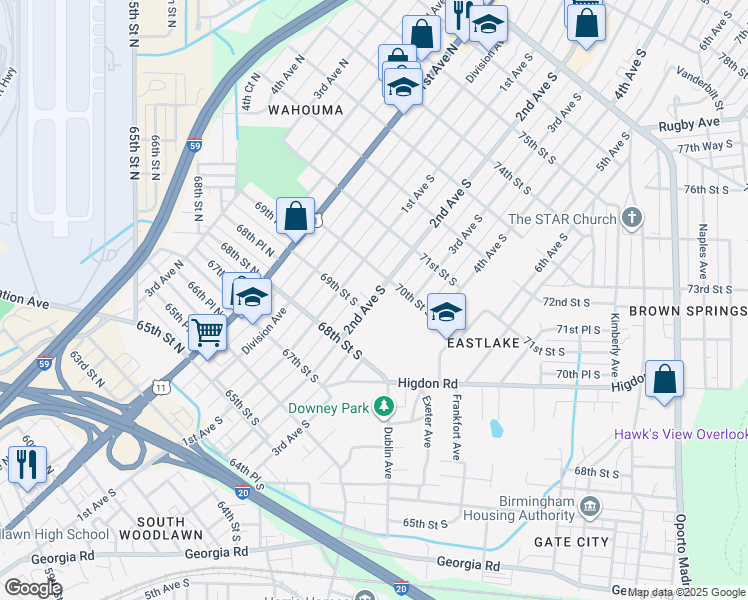 map of restaurants, bars, coffee shops, grocery stores, and more near 6815 2nd Avenue South in Birmingham
