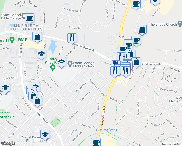 map of restaurants, bars, coffee shops, grocery stores, and more near 26900 Winchester Creek Avenue in Murrieta