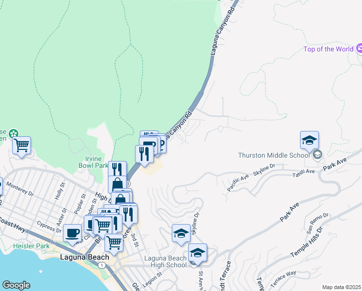 map of restaurants, bars, coffee shops, grocery stores, and more near 245 Woodland Drive in Laguna Beach