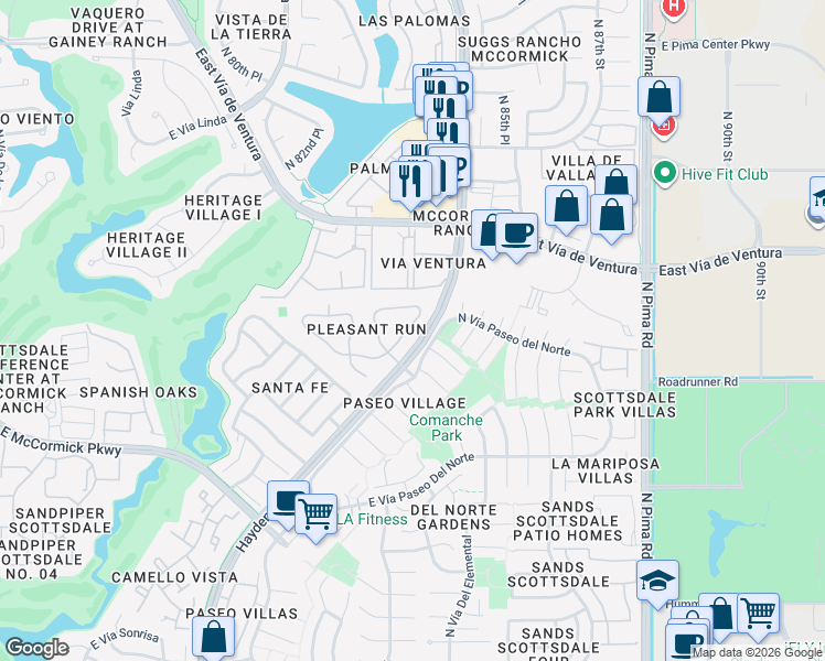 map of restaurants, bars, coffee shops, grocery stores, and more near 7590 East Pleasant Run in Scottsdale