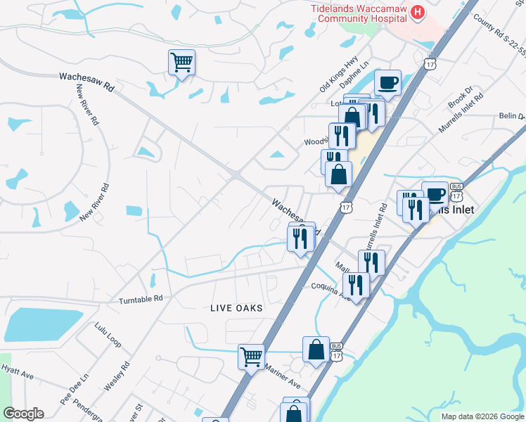 map of restaurants, bars, coffee shops, grocery stores, and more near 835 Wachesaw Road in Murrells Inlet