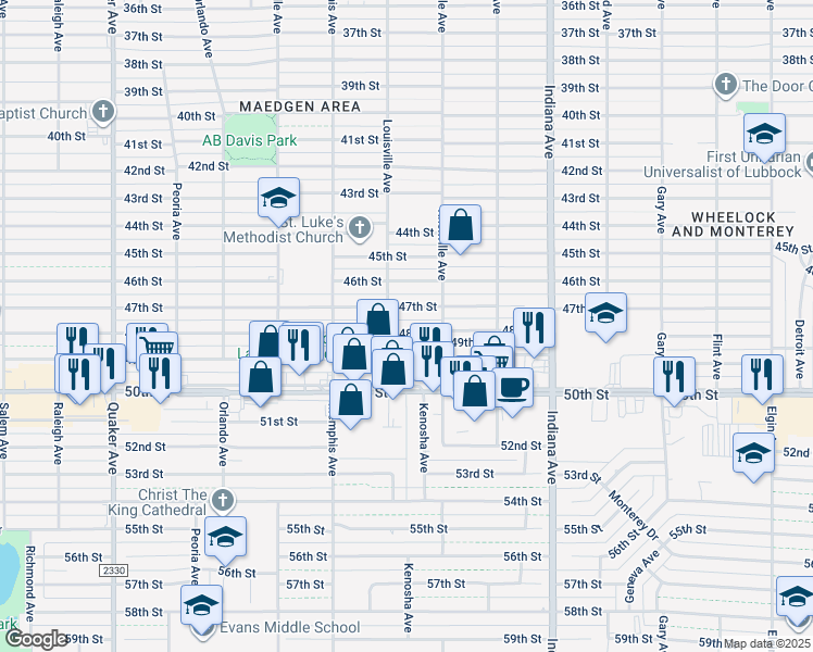 map of restaurants, bars, coffee shops, grocery stores, and more near 3612 48th Street in Lubbock