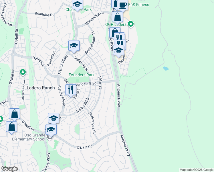 map of restaurants, bars, coffee shops, grocery stores, and more near 6 Shively Road in Ladera Ranch