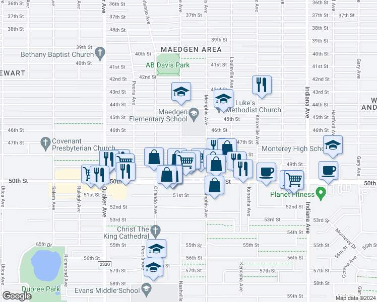 map of restaurants, bars, coffee shops, grocery stores, and more near 3814 48th Street in Lubbock