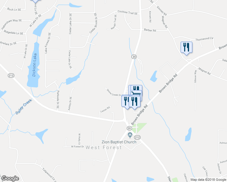 map of restaurants, bars, coffee shops, grocery stores, and more near 50 Stone Creek Drive in Covington