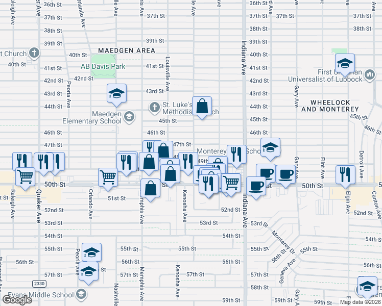 map of restaurants, bars, coffee shops, grocery stores, and more near 3519 48th Street in Lubbock