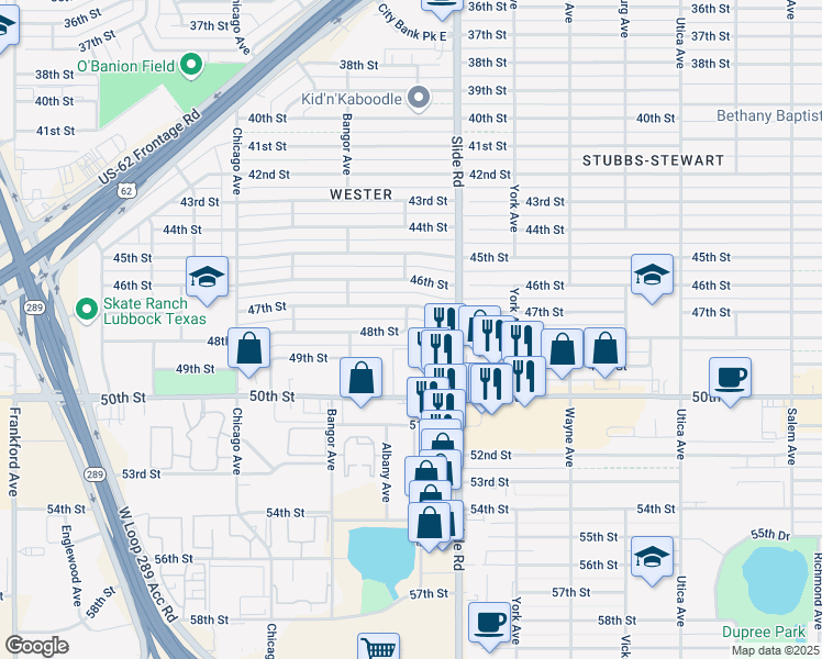 map of restaurants, bars, coffee shops, grocery stores, and more near 4705 Albany Avenue in Lubbock