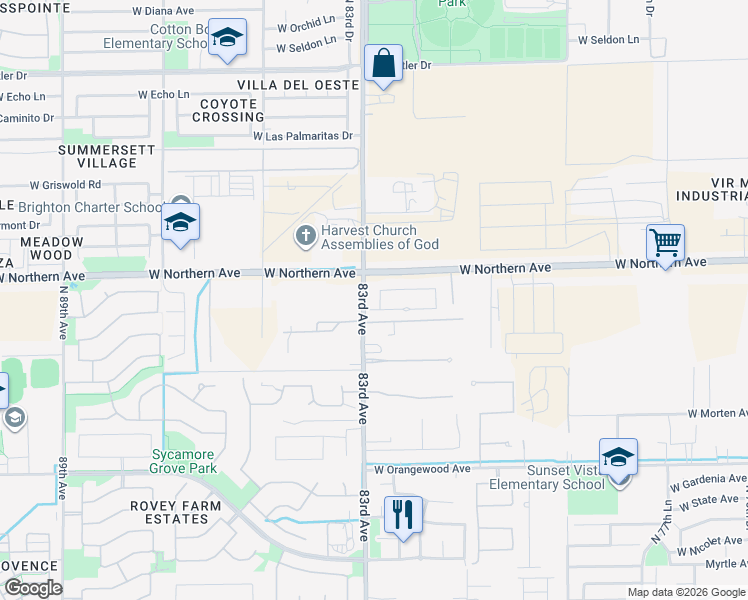 map of restaurants, bars, coffee shops, grocery stores, and more near 8408 West Augusta Avenue in Glendale