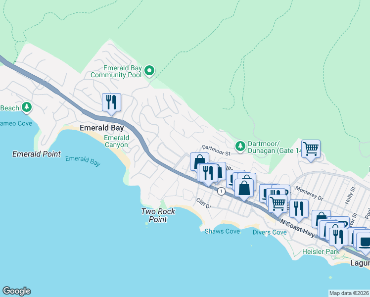 map of restaurants, bars, coffee shops, grocery stores, and more near 315 Ledroit Street in Laguna Beach
