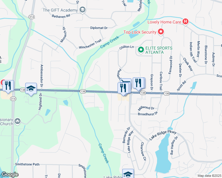 map of restaurants, bars, coffee shops, grocery stores, and more near 1367 Georgia 138 in Riverdale