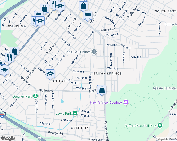 map of restaurants, bars, coffee shops, grocery stores, and more near 713 72nd Street South in Birmingham