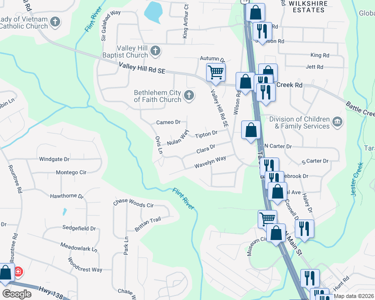 map of restaurants, bars, coffee shops, grocery stores, and more near 461 Clara Drive in Riverdale