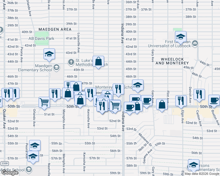 map of restaurants, bars, coffee shops, grocery stores, and more near 3411 48th Street in Lubbock