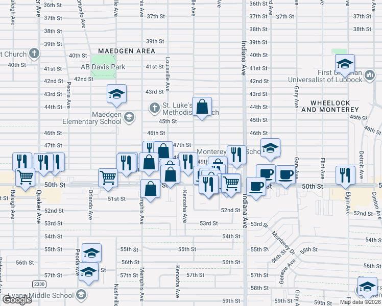 map of restaurants, bars, coffee shops, grocery stores, and more near 3519 48th Street in Lubbock