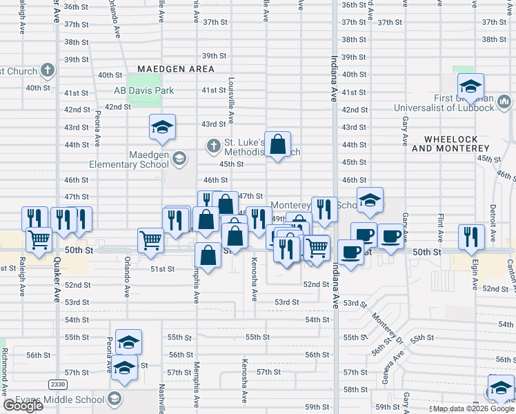 map of restaurants, bars, coffee shops, grocery stores, and more near 3519 48th Street in Lubbock