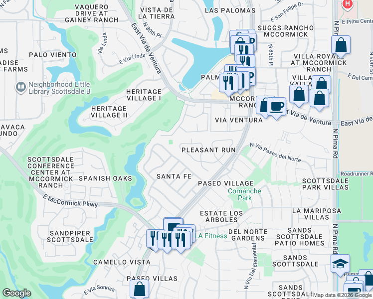 map of restaurants, bars, coffee shops, grocery stores, and more near 7464 East Pleasant Run in Scottsdale