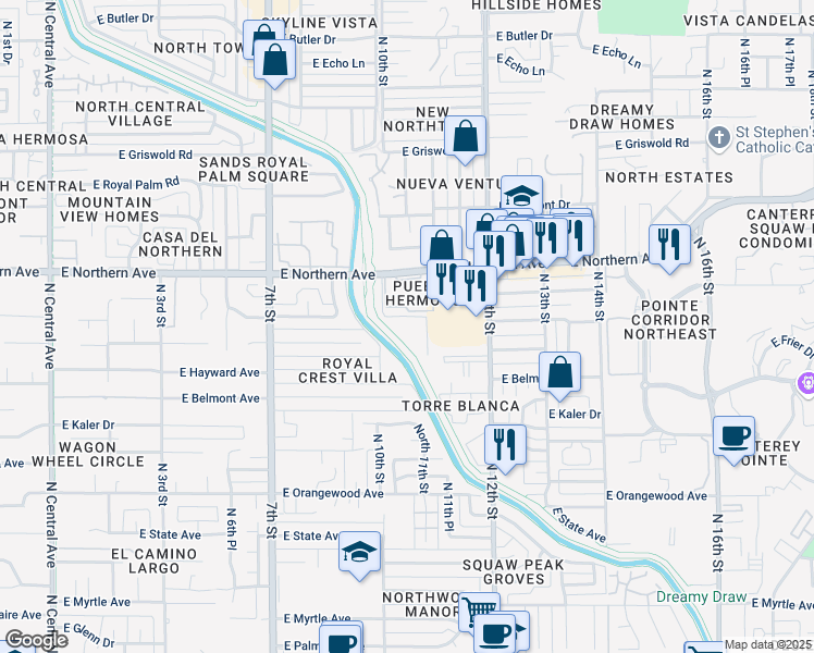 map of restaurants, bars, coffee shops, grocery stores, and more near 841 East Desert Park Lane in Phoenix
