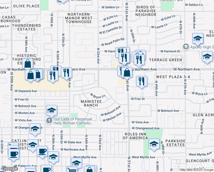 map of restaurants, bars, coffee shops, grocery stores, and more near 7959 North 53rd Avenue in Glendale