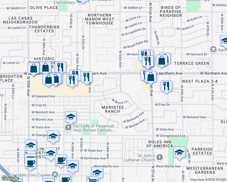map of restaurants, bars, coffee shops, grocery stores, and more near 5380 West Bryce Lane in Glendale