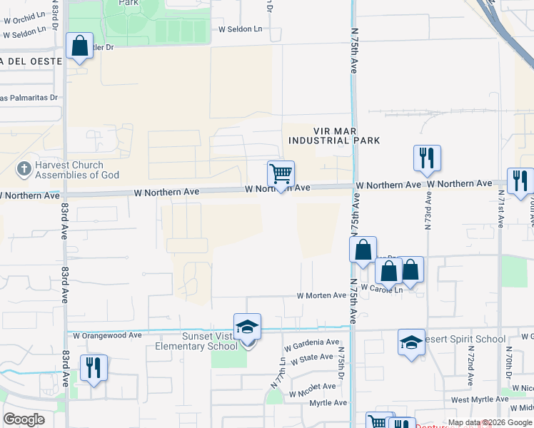 map of restaurants, bars, coffee shops, grocery stores, and more near 7723 North 79th Avenue in Glendale