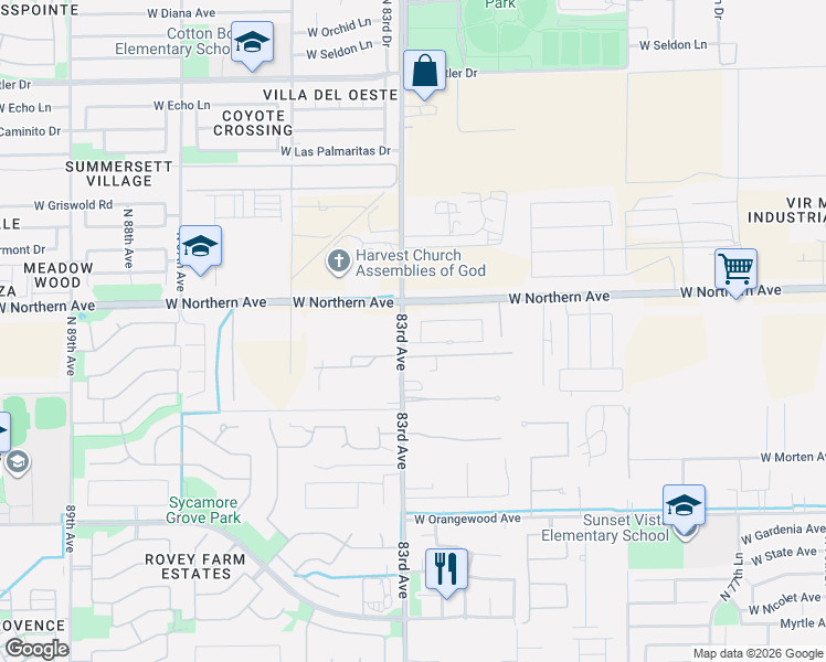 map of restaurants, bars, coffee shops, grocery stores, and more near 8408 West Augusta Avenue in Glendale