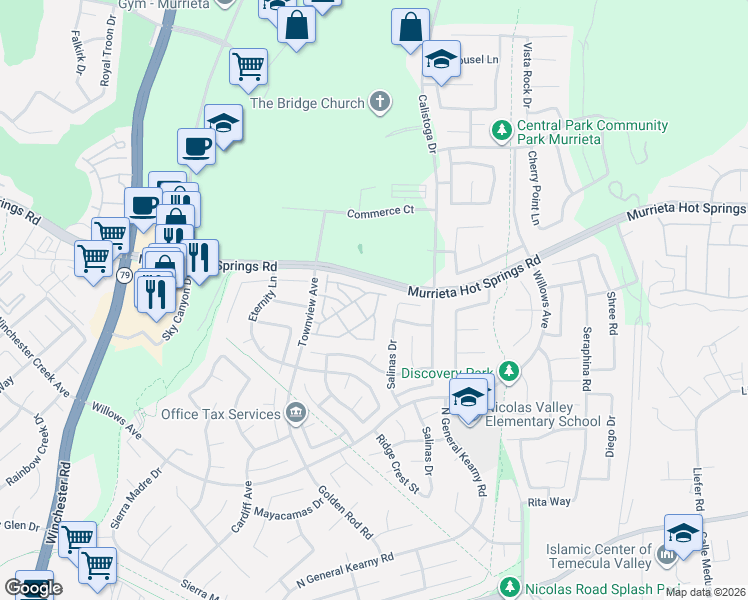 map of restaurants, bars, coffee shops, grocery stores, and more near 39255 Turtle Bay Lane in Murrieta