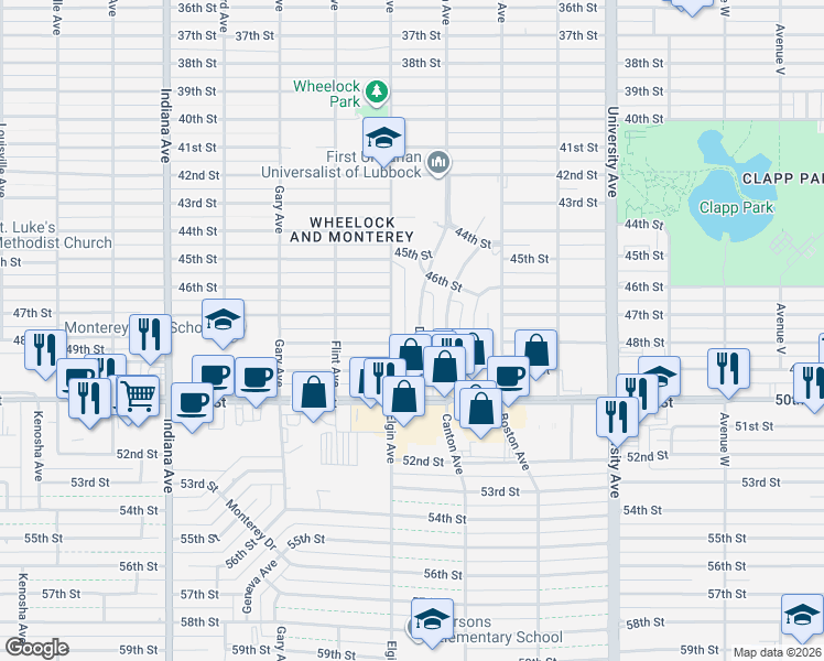 map of restaurants, bars, coffee shops, grocery stores, and more near 4628 Detroit Avenue in Lubbock