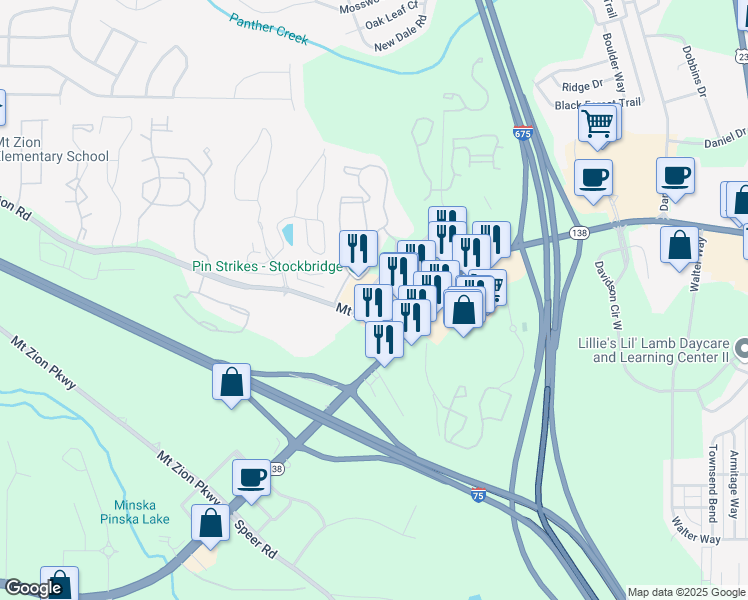 map of restaurants, bars, coffee shops, grocery stores, and more near 3480 Mount Zion Road in Stockbridge