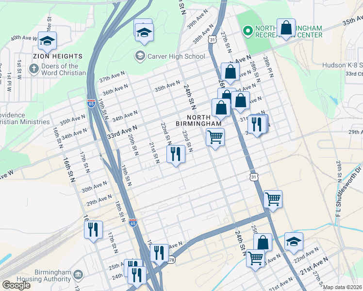 map of restaurants, bars, coffee shops, grocery stores, and more near in Birmingham