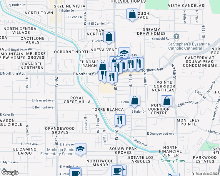 map of restaurants, bars, coffee shops, grocery stores, and more near 7734 North 12th Street in Phoenix