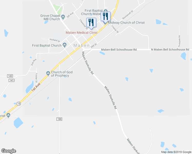 map of restaurants, bars, coffee shops, grocery stores, and more near 1931 Maben Starkville Road in Maben