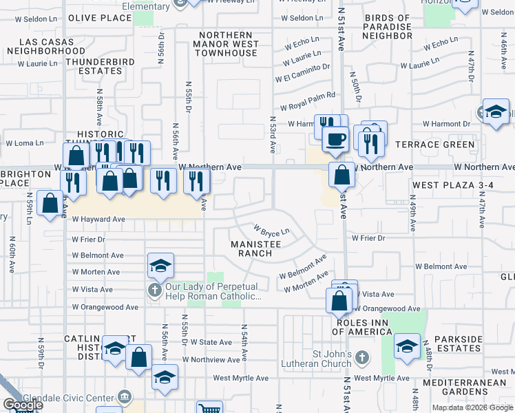 map of restaurants, bars, coffee shops, grocery stores, and more near 5380 West Bryce Lane in Glendale