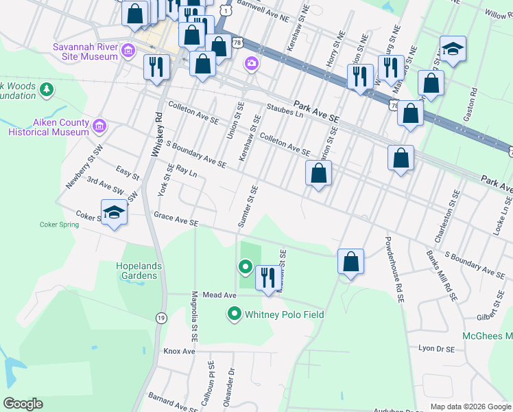 map of restaurants, bars, coffee shops, grocery stores, and more near 450 Sumter Street Southeast in Aiken