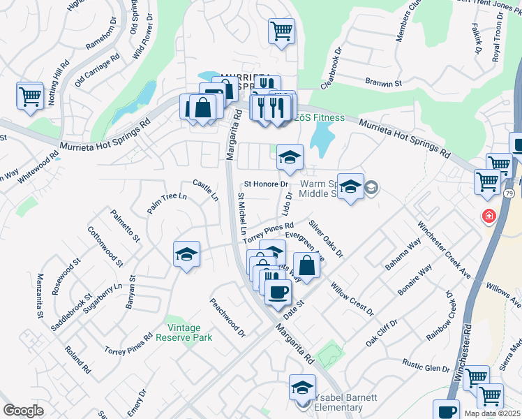 map of restaurants, bars, coffee shops, grocery stores, and more near 26440 Saint Ives Court in Murrieta