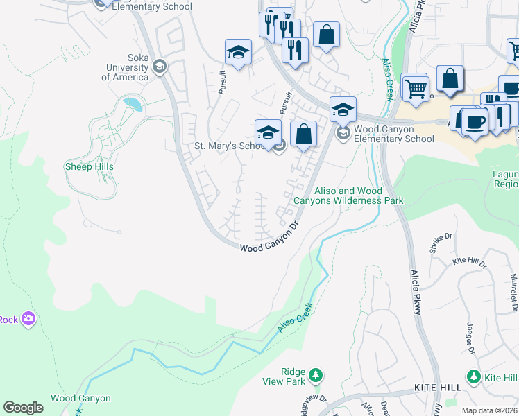 map of restaurants, bars, coffee shops, grocery stores, and more near 35 Colony Way in Aliso Viejo