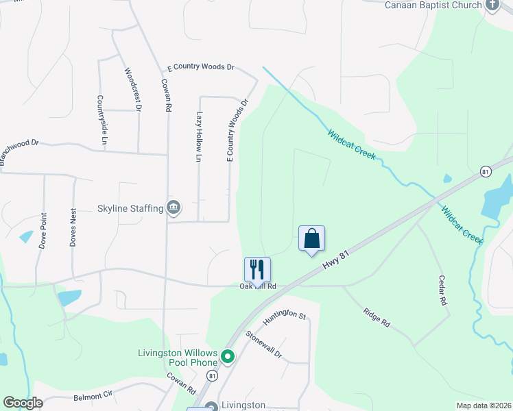 map of restaurants, bars, coffee shops, grocery stores, and more near 140 Oak Hill Drive in Covington