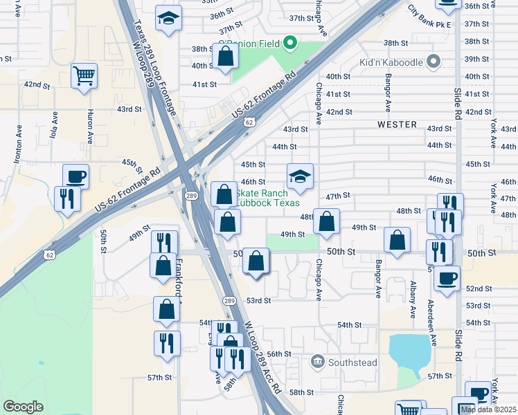 map of restaurants, bars, coffee shops, grocery stores, and more near 5701-5799 48th St in Lubbock